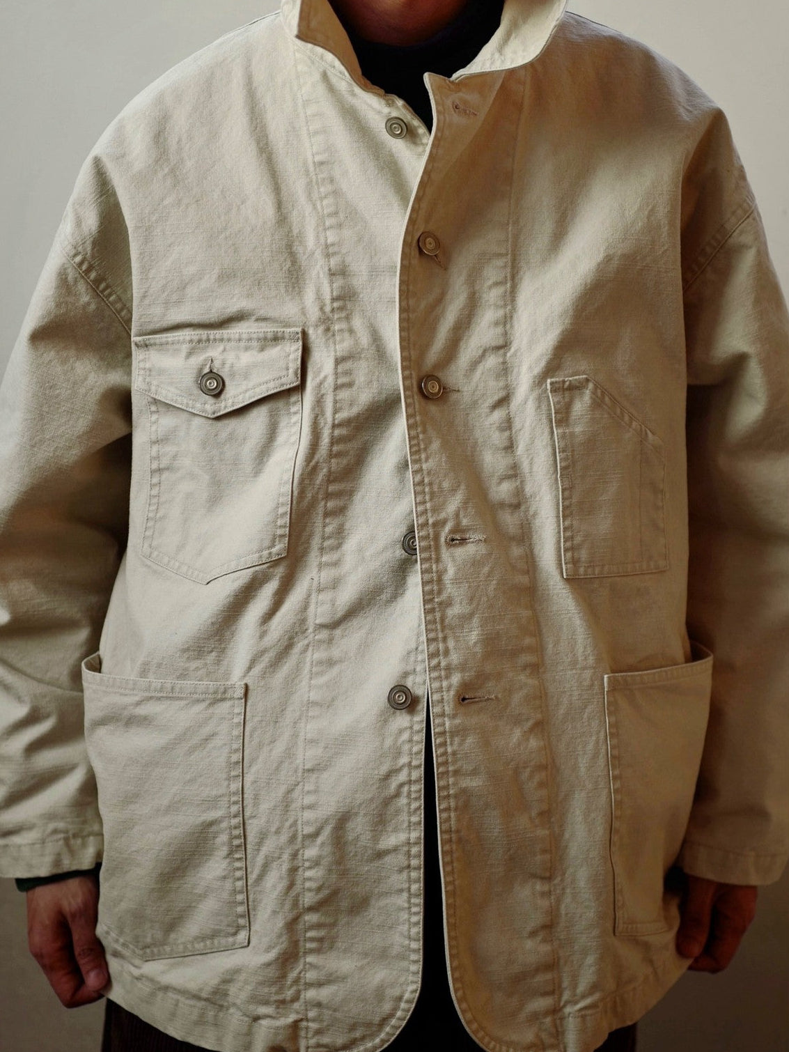 USAGE Washed Heavyweight Cotton Chore Jacket in Beige - On Male Model