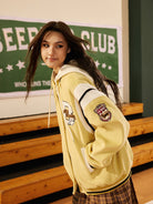 BEERBRO Detachable Hood Varsity Jacket in Yellow - On Female Model