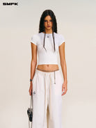 SMFK Short Sleeve Cropped T Shirt in White - On Female Model