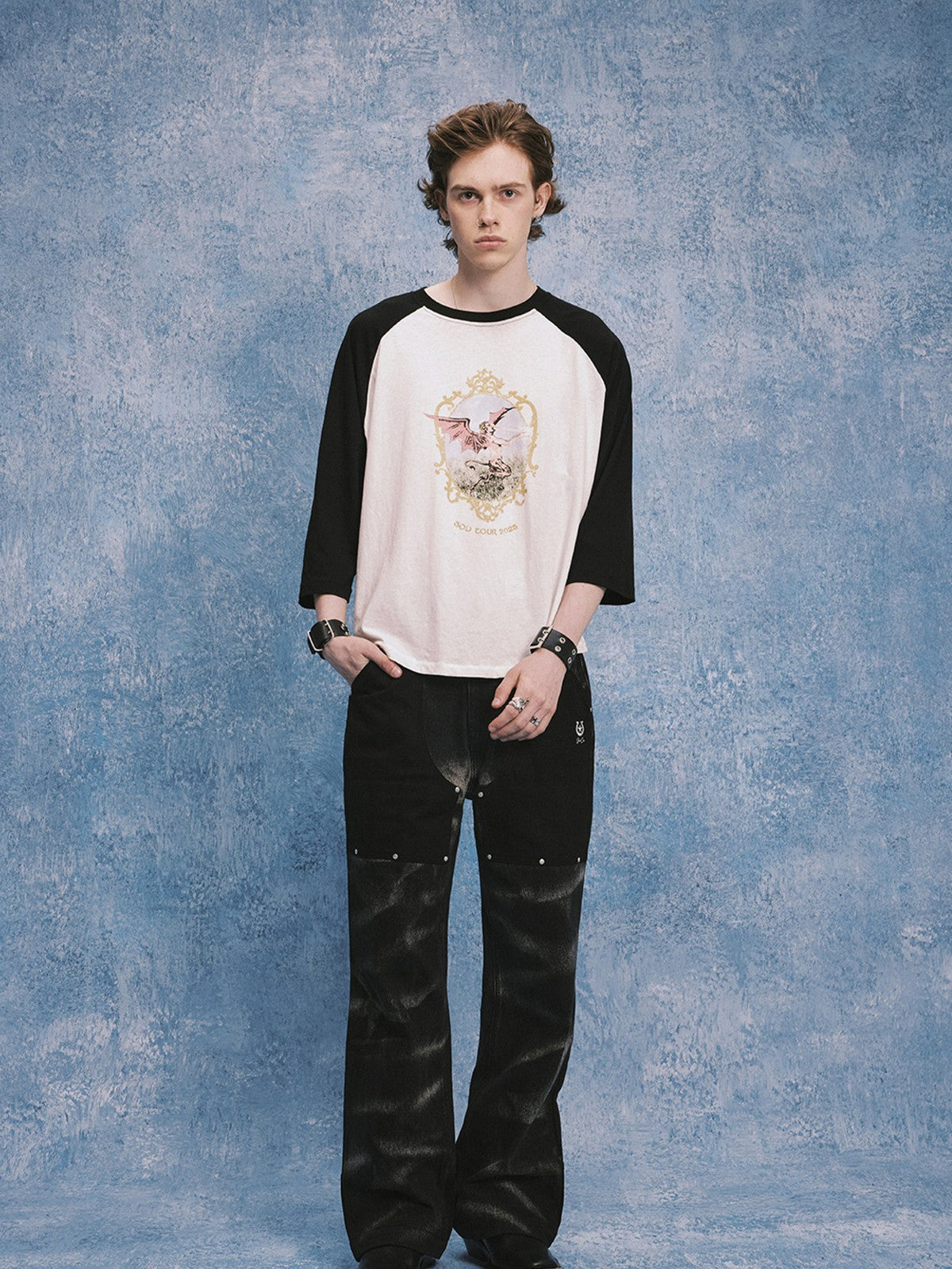SOD Rivet Panel Micro Flare Jeans in Black - On Male Model