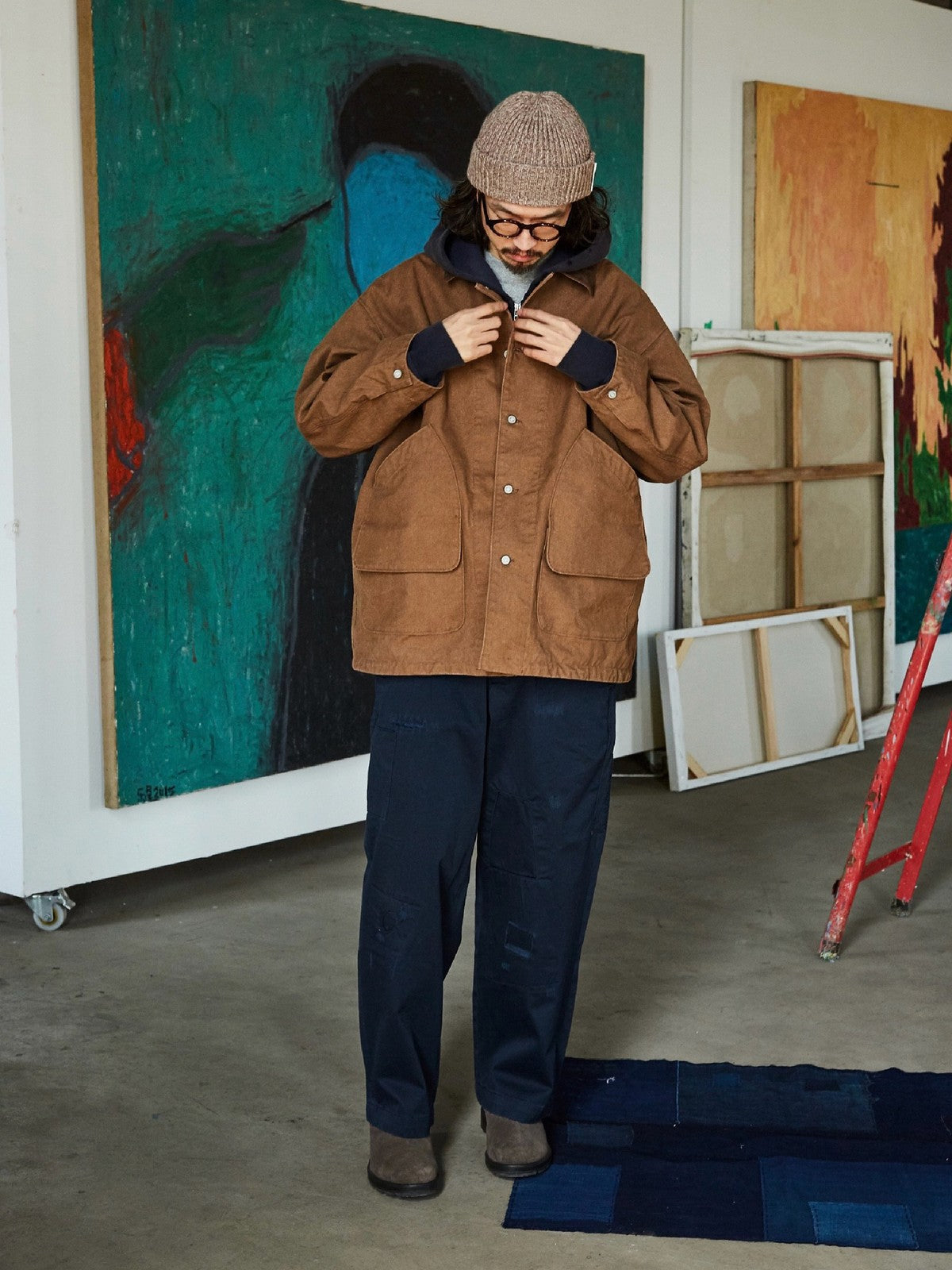 USAGE Heavyweight Canvas Hunting Jacket in Beige - On Male Model
