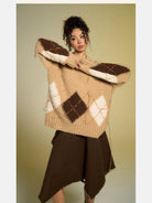 BeerBro Distressed Fuzzy Argyle Sweater in Beige - On Female Model