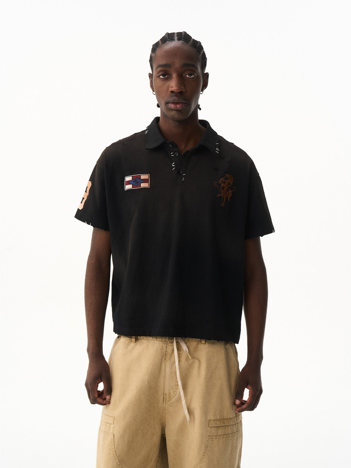 BLINDNOPLAN Distressed Embroidered Cotton Polo in Black - On Male Model