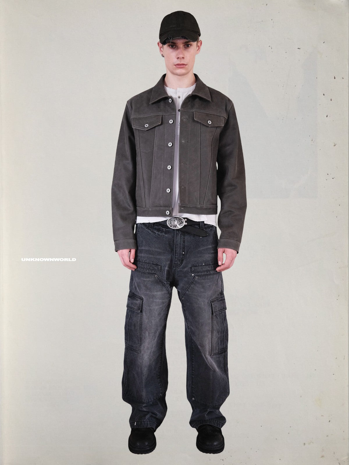 UNKNOWNWORLD Cracked Leather Type 3 Jacket in Green - On Male Model