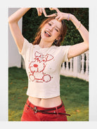 BeerBro Schnauzer Rhinestone Cropped Tee in Cream - On Female Model