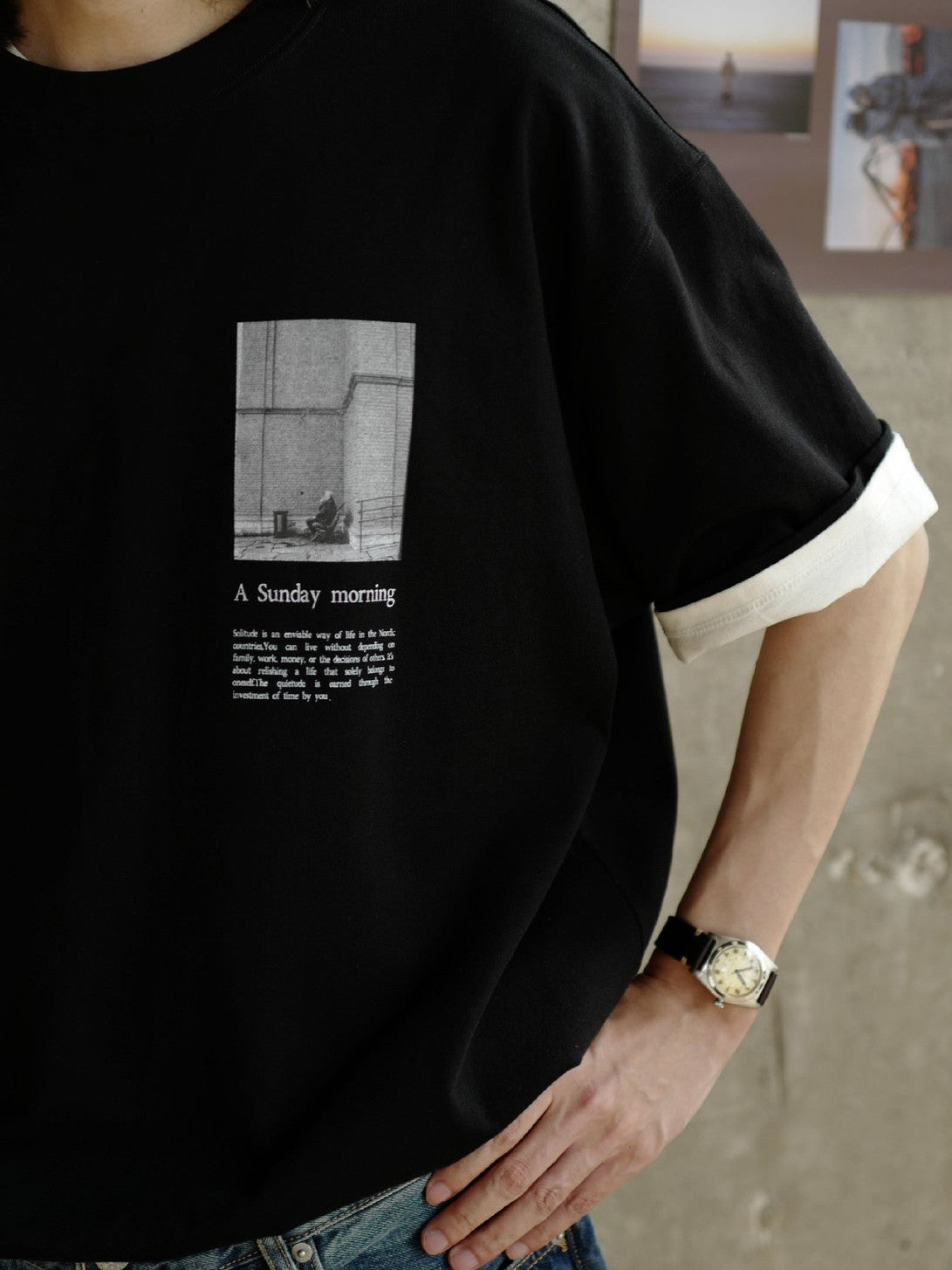 USAGE Air Spun Cotton Graphic T Shirt in Black - On Male Model
