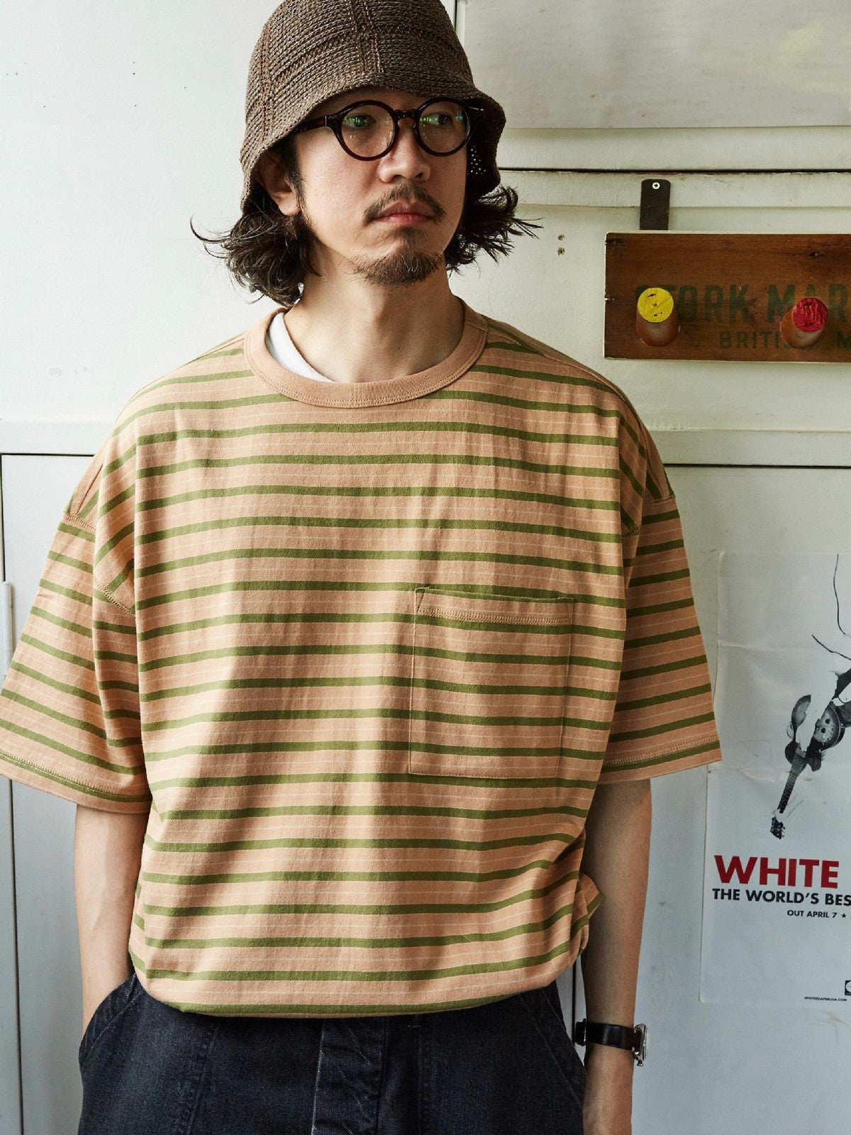 USAGE Retro Striped Cotton T Shirt in Pink - On Male Model