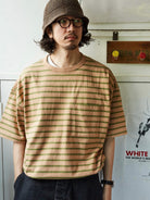 USAGE Retro Striped Cotton T Shirt in Pink - On Male Model