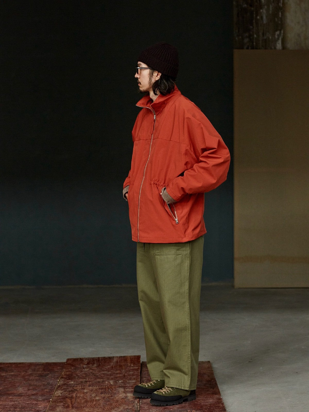 USAGE Drawstring Zip Front Tech Anorak in Orange - On Male Model