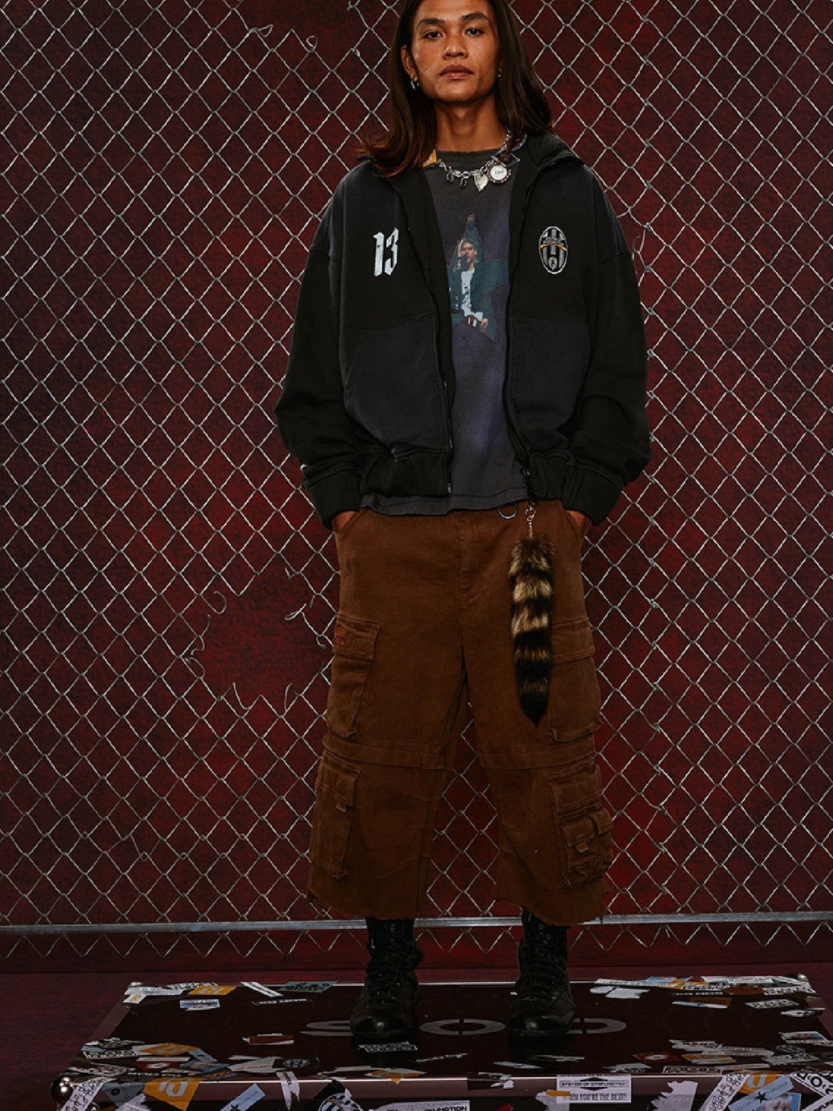 SOD Washed Layered Zip Up Hoodie in Black - On Male Model
