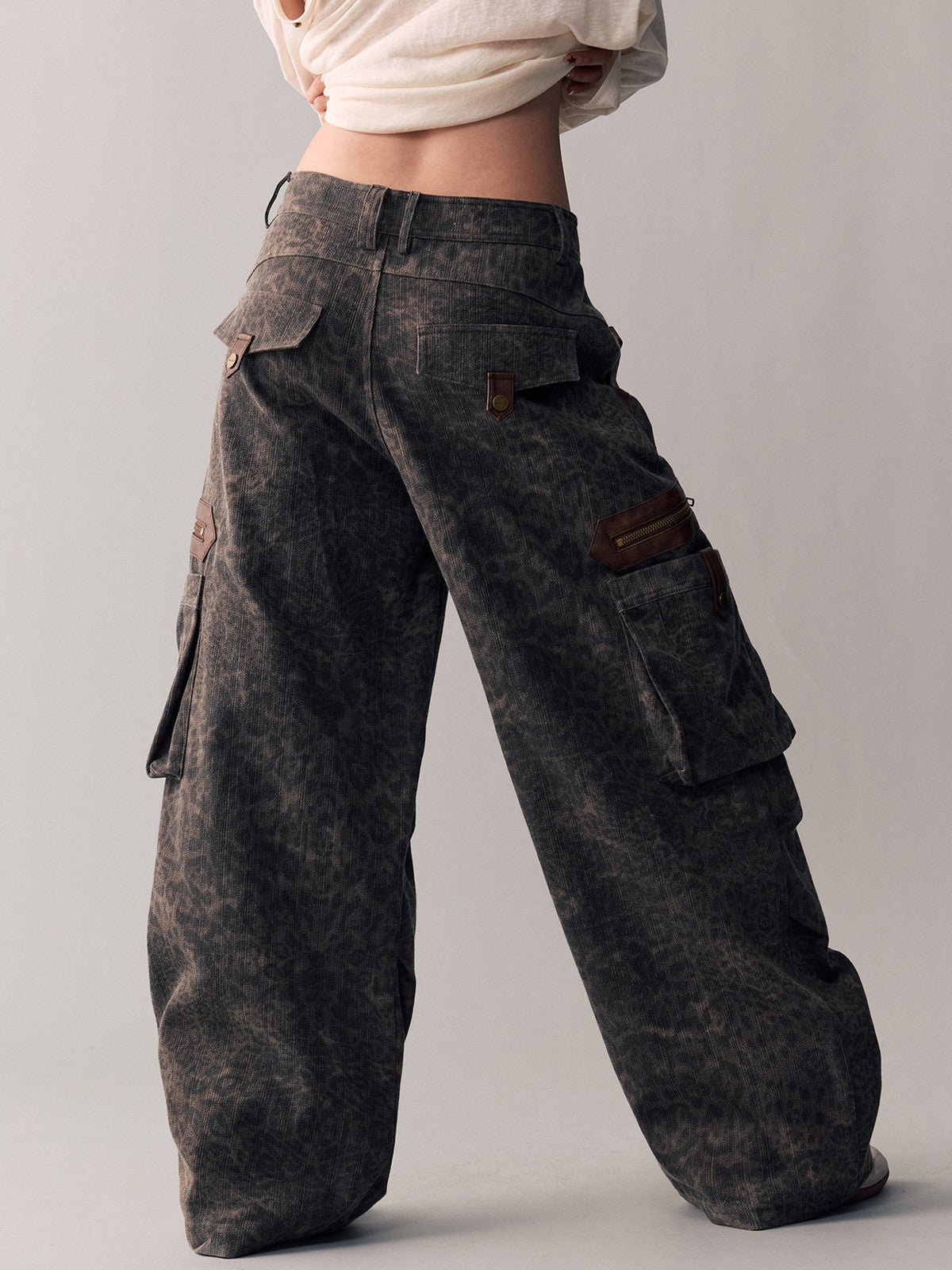 BEERBRO Leopard Print Spliced Cargo Pants in Brown - On Model