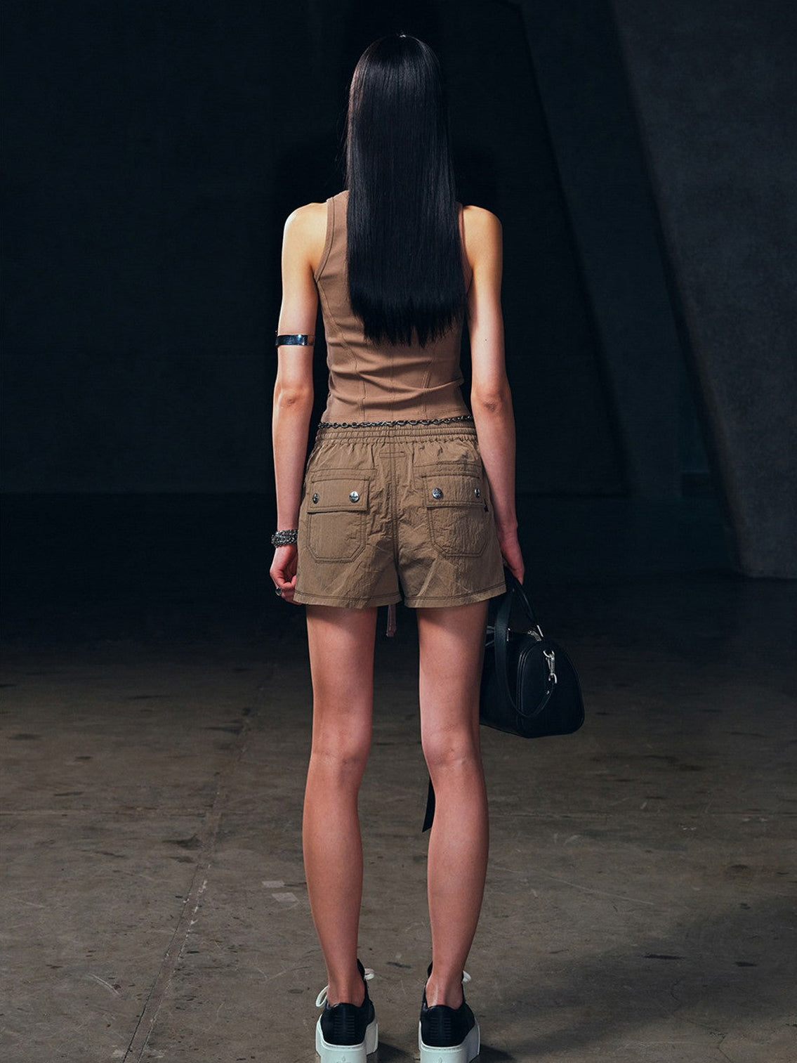 SMFK Lightweight Drawstring Track Shorts in Brown - On Female Model