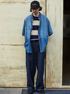 USAGE Distressed Short Sleeve Denim Shirt in Denim - On Male Model