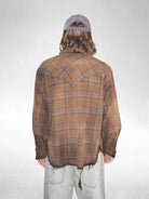 UNKNOWNWORLD Distressed Raw Hem Plaid Shirt in Brown - On Model