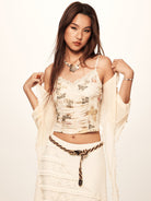 BEERBRO Sheer Mesh Tie Front Top in White - On Female Model