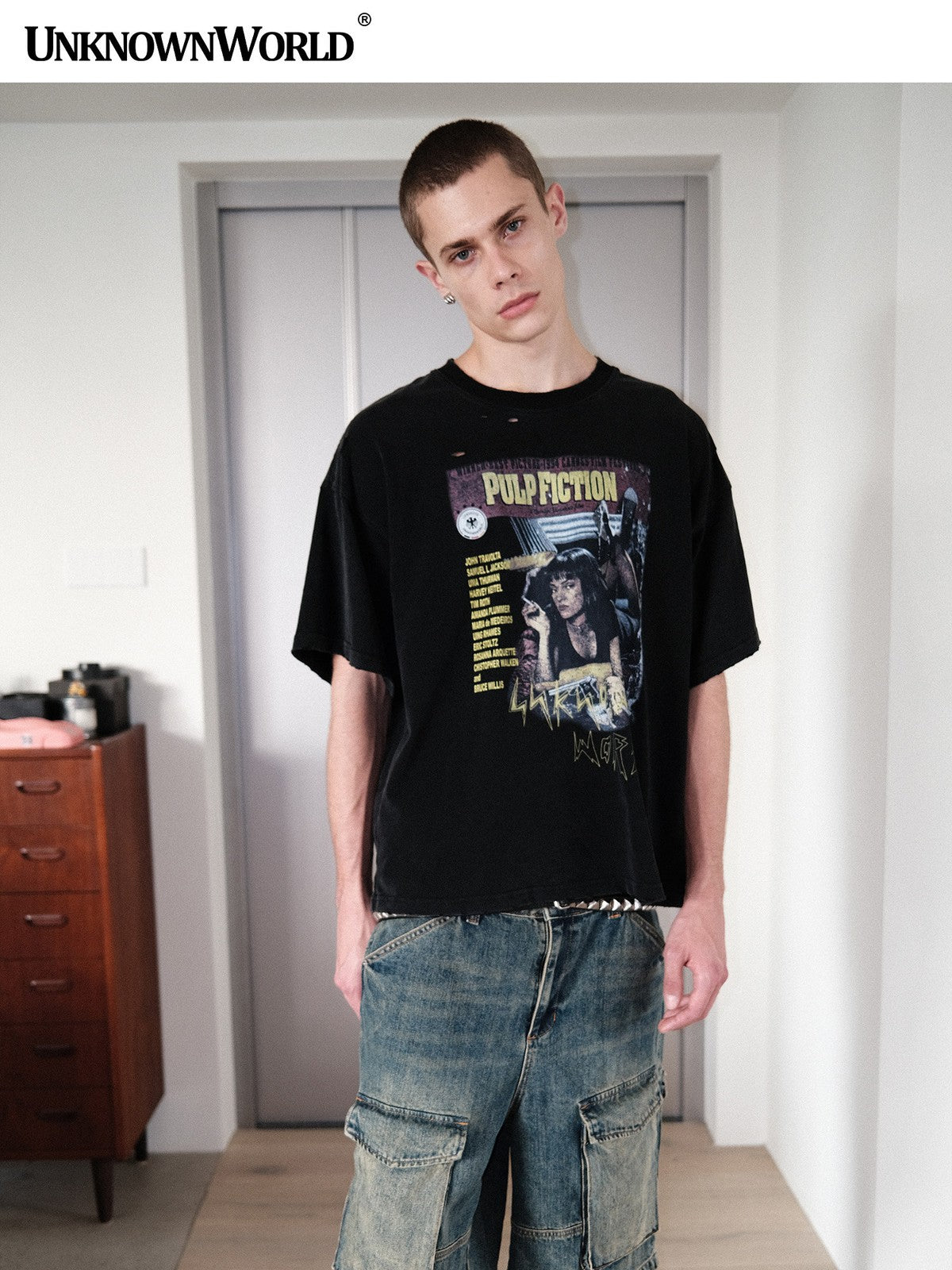 UNKNOWNWORLD Mud Dyed Multi Pocket Denim Shorts in Blue - On Male Model