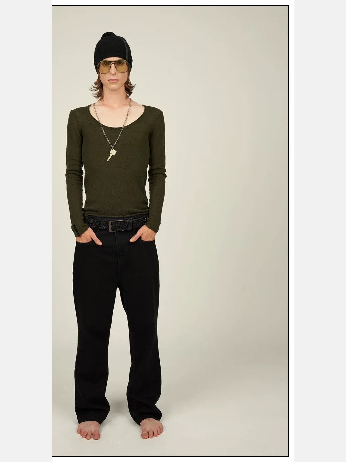FaxCopyExpress Cashmere Wool Scoop Neck Top in Green - On Male Model