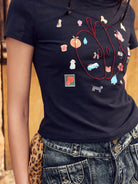 BEERBRO Embroidered Apple Crop Tee in Black - On Female Model