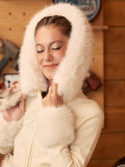 BEERBRO Fur Trimmed Rhinestone Knit Hoodie in Orange - On Female Model