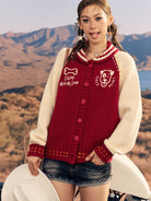 BEERBRO Dog Motif Wool Cardigan in Red - On Female Model