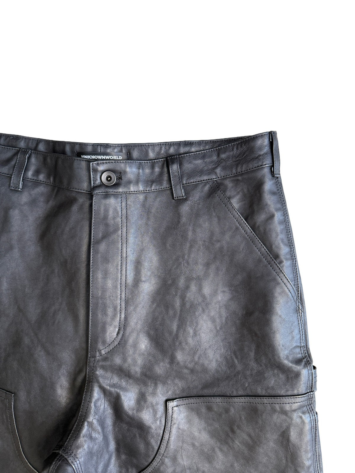 UNKNOWNWORLD Horsehide Double Knee Work Pants in Black - Detail