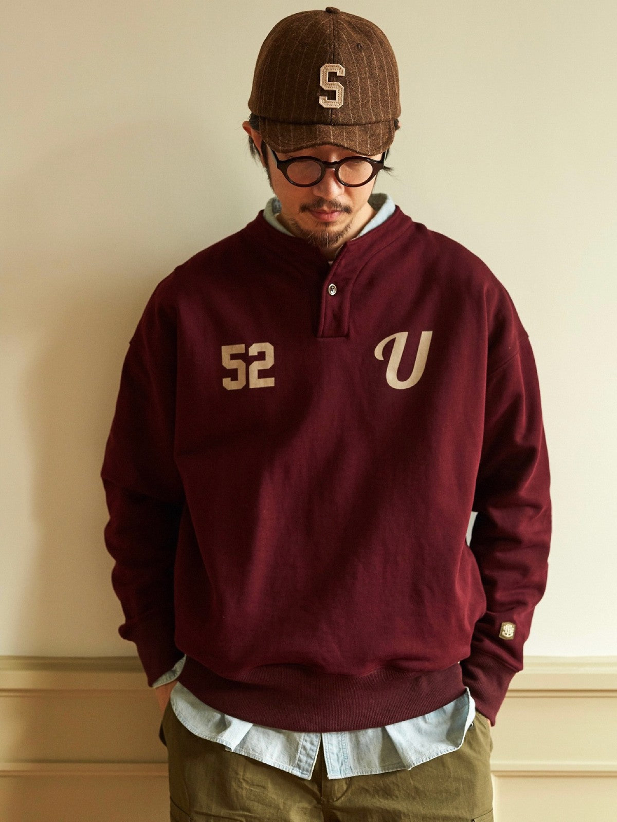 USAGE Terry Cotton Henley Sweatshirt in Burgundy - On Male Model