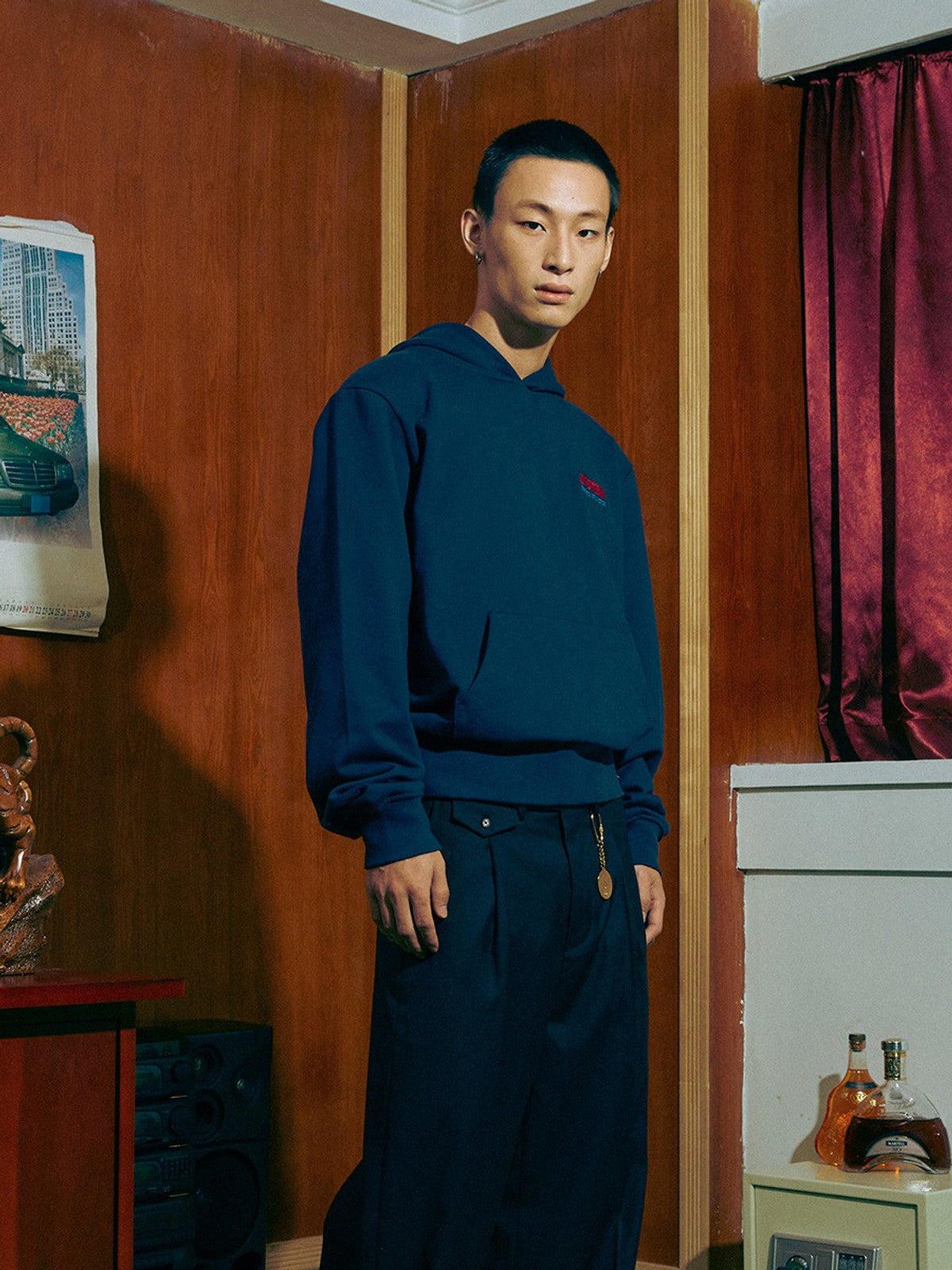 SOD Embroidered Padded Shoulder Hoodie in Blue - On Male Model
