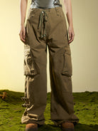BEERBRO Washed Buckle Strap Cargo Pants in Olive - On Female Model
