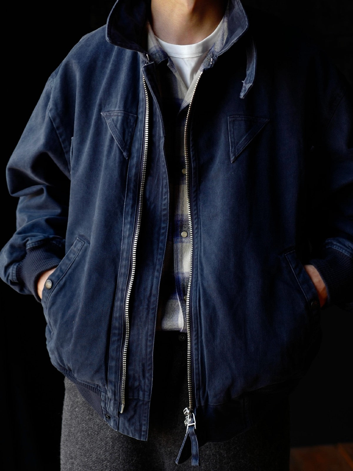 USAGE Washed Cotton Lyocell B 15 Bomber in Navy - On Male Model