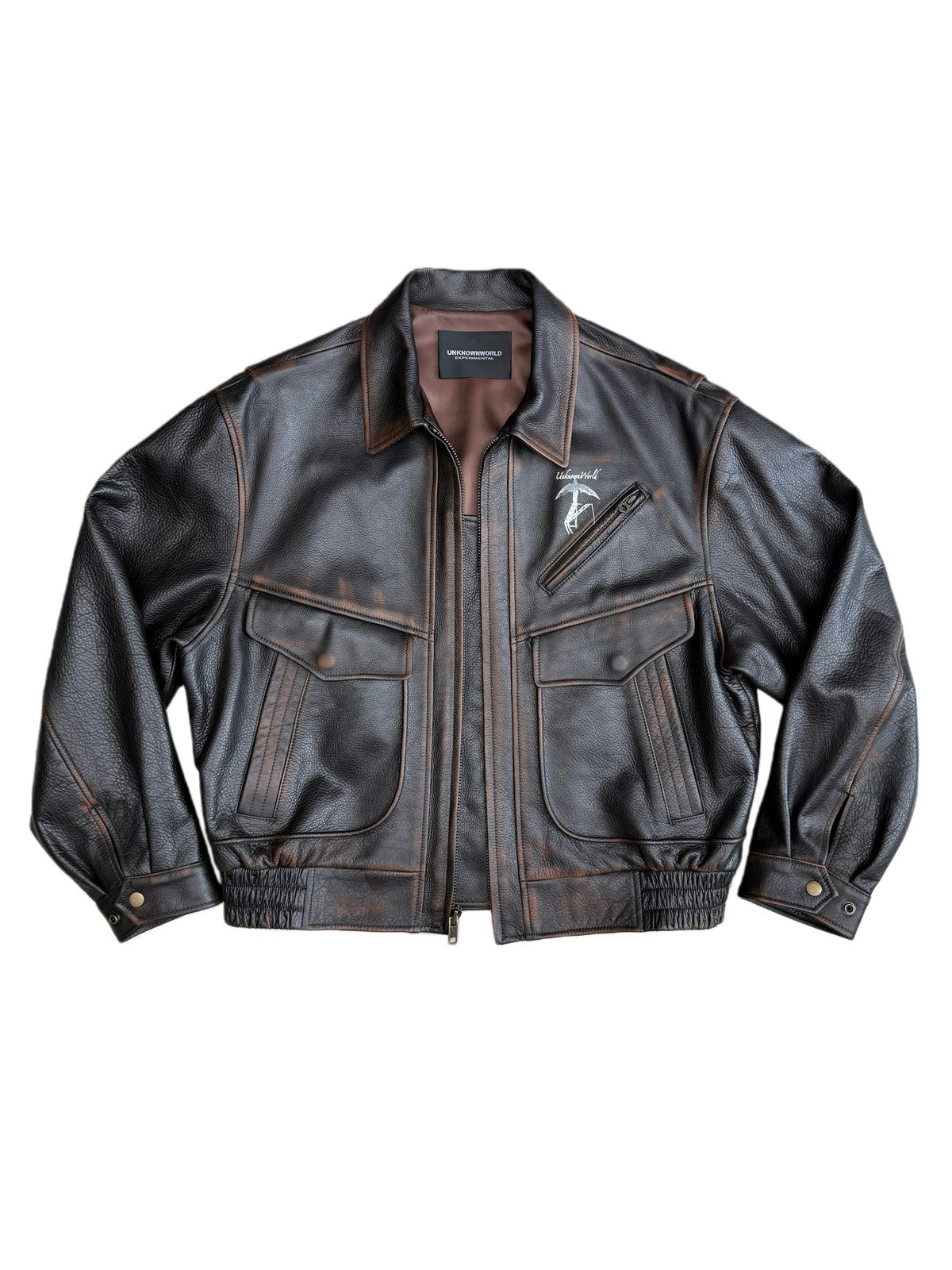 UNKNOWNWORLD Distressed Cowhide Flight Jacket in Brown