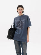 MASONPRINCE BESTMAN Puppy Graphic Cotton T Shirt in Navy Blue - On Model