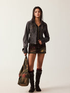 BEERBRO Mock Layer Cotton Biker Jacket in Gray - On Female Model