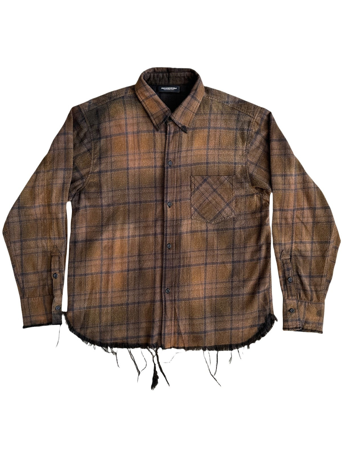 UNKNOWNWORLD Distressed Raw Hem Plaid Shirt in Brown