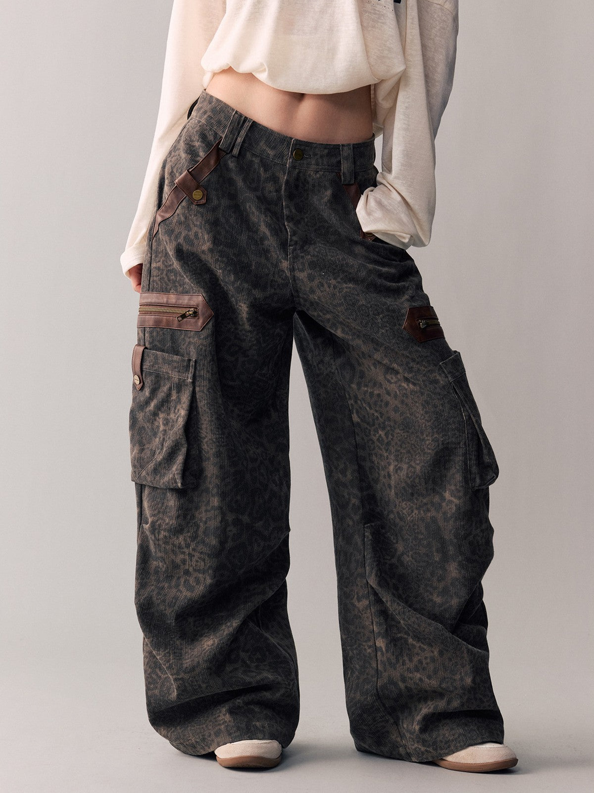 BEERBRO Leopard Print Spliced Cargo Pants in Brown - On Female Model