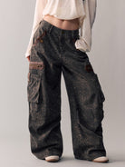 BEERBRO Leopard Print Spliced Cargo Pants in Brown - On Female Model