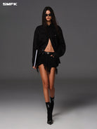 SMFK Long Sleeve Linen Button Down in Black - On Female Model