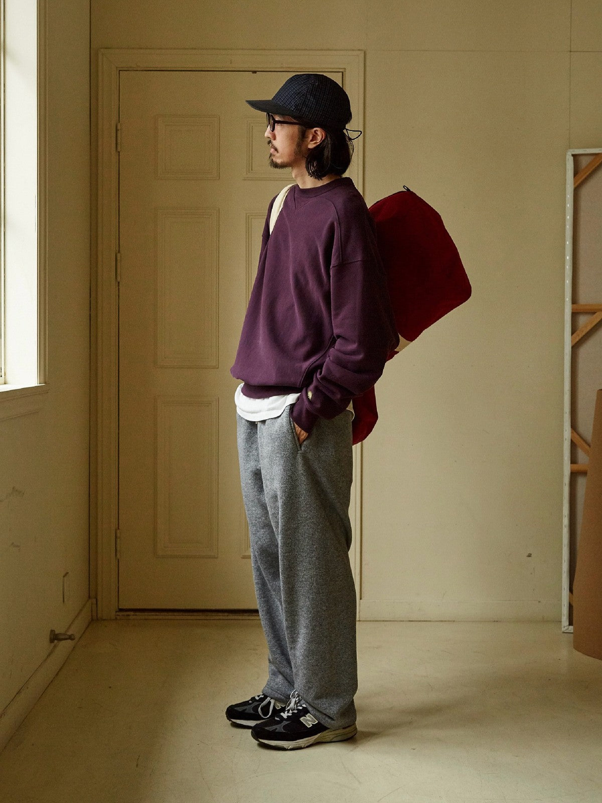 USAGE Reversible Cotton Crewneck Sweatshirt in Purple - On Male Model
