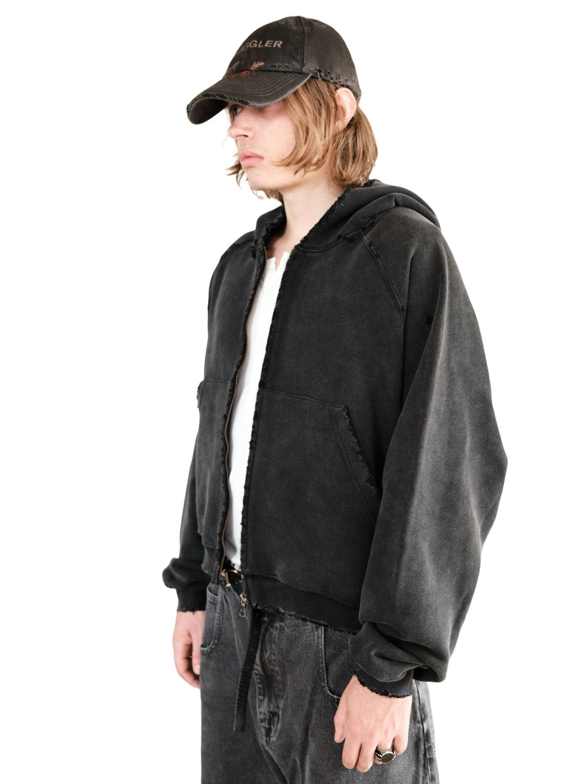 UNKNOWNWORLD Distressed Washed Zip Up Hoodie in Black - On Male Model