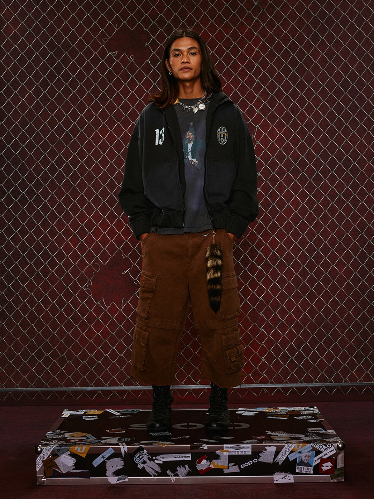 SOD Washed Layered Zip Up Hoodie in Black - On Male Model