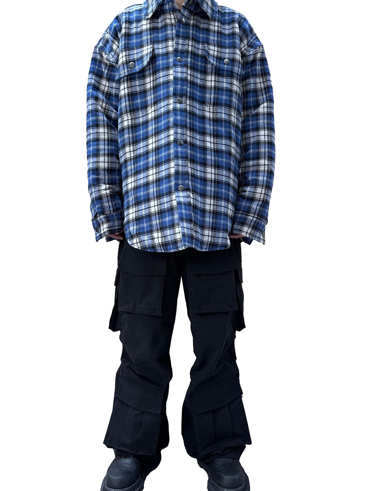 UNKNOWNWORLD Oversized Padded Flannel Shirt in White - On Model