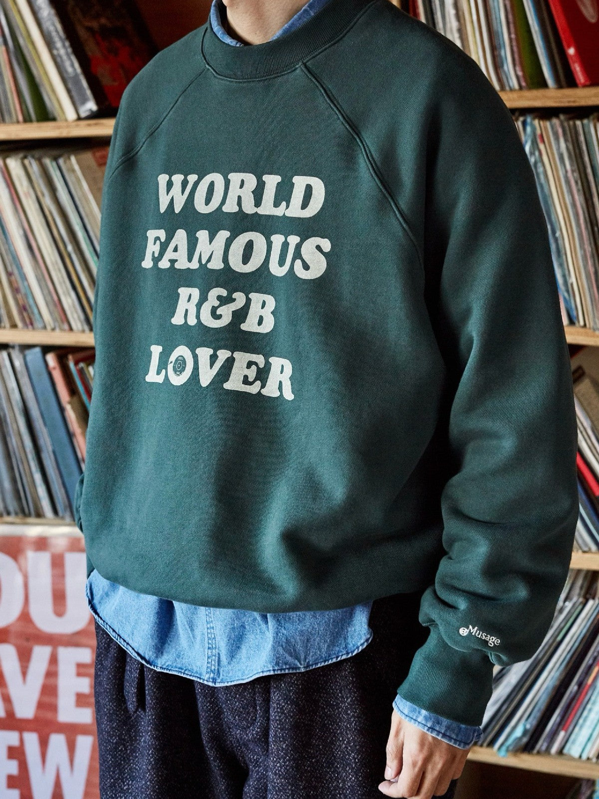 USAGE Heavyweight Raglan Graphic Sweatshirt in Green - On Male Model