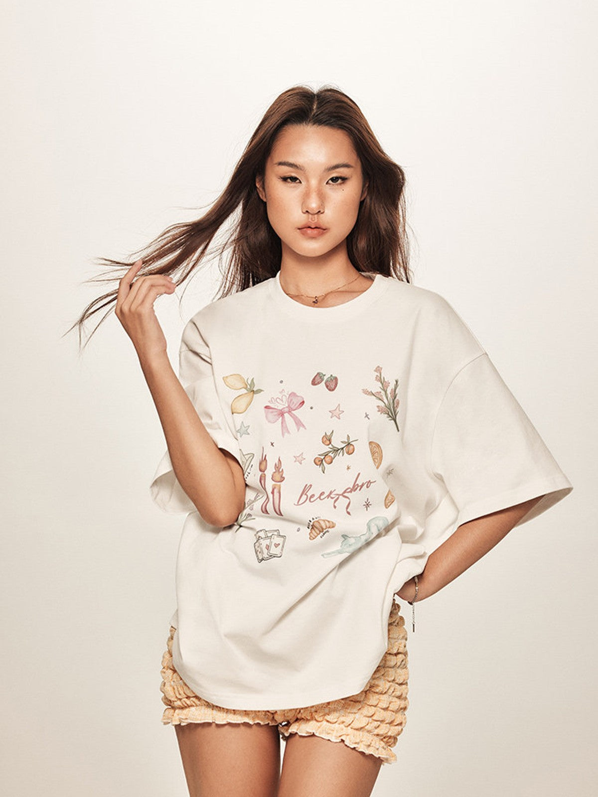 BEERBRO Retro Graphic Print T Shirt in White - On Female Model