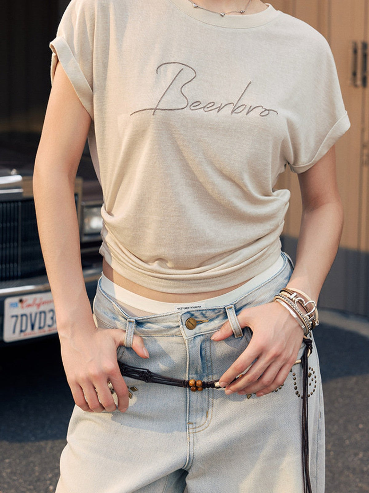 BEERBRO Embroidered Tencel Cinched Tee in Cream - On Female Model