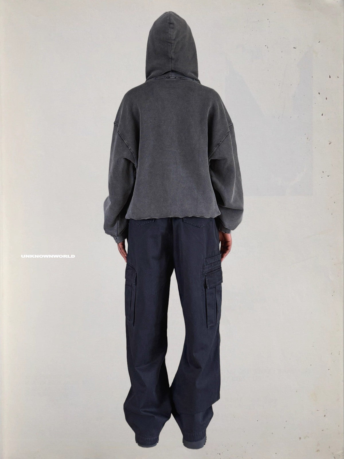 UNKNOWNWORLD Distressed Washed Graphic Hoodie in Black - On Model