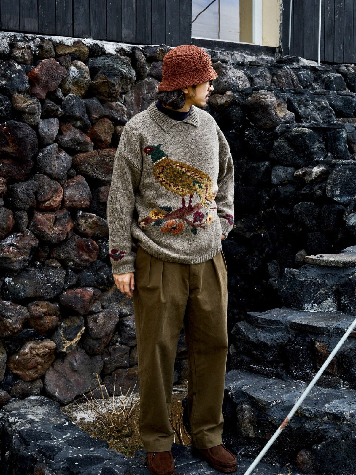 USAGE Pleated Cotton Twill Chinos in Olive - On Male Model