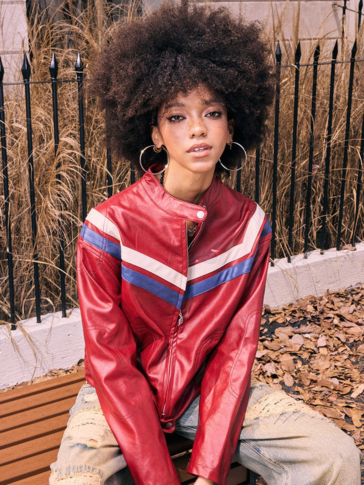 BEERBRO Contrast Stripe Leather Jacket in Red - On Female Model