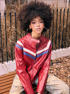 BEERBRO Contrast Stripe Leather Jacket in Red - On Female Model
