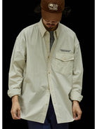 USAGE Oversized Micro Check Button Down Shirt in Cream - On Male Model