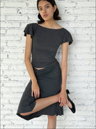 FaxCopyExpress Flutter Sleeve Open Back Top in Gray - On Female Model