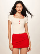 BEERBRO Faux Layered Knit Henley Crop Top in Red - On Female Model